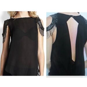 Haute Hippie Black Sheer Beaded Fringe Shoulder Top